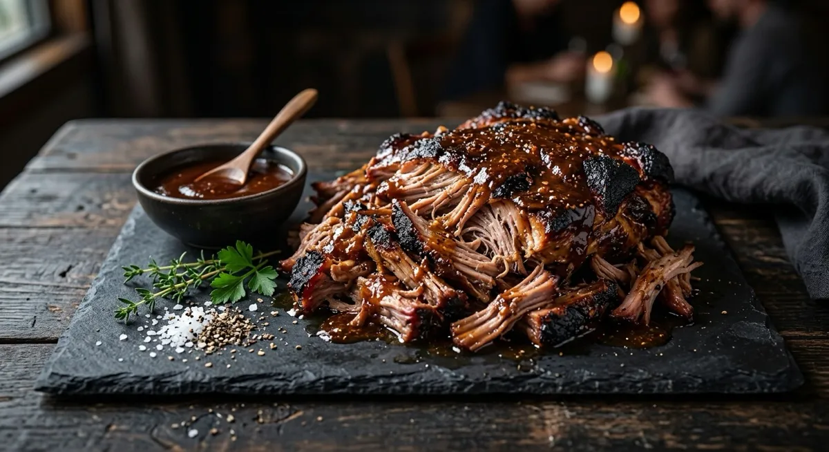 Pulled pork con salsa barbecue su ardesia